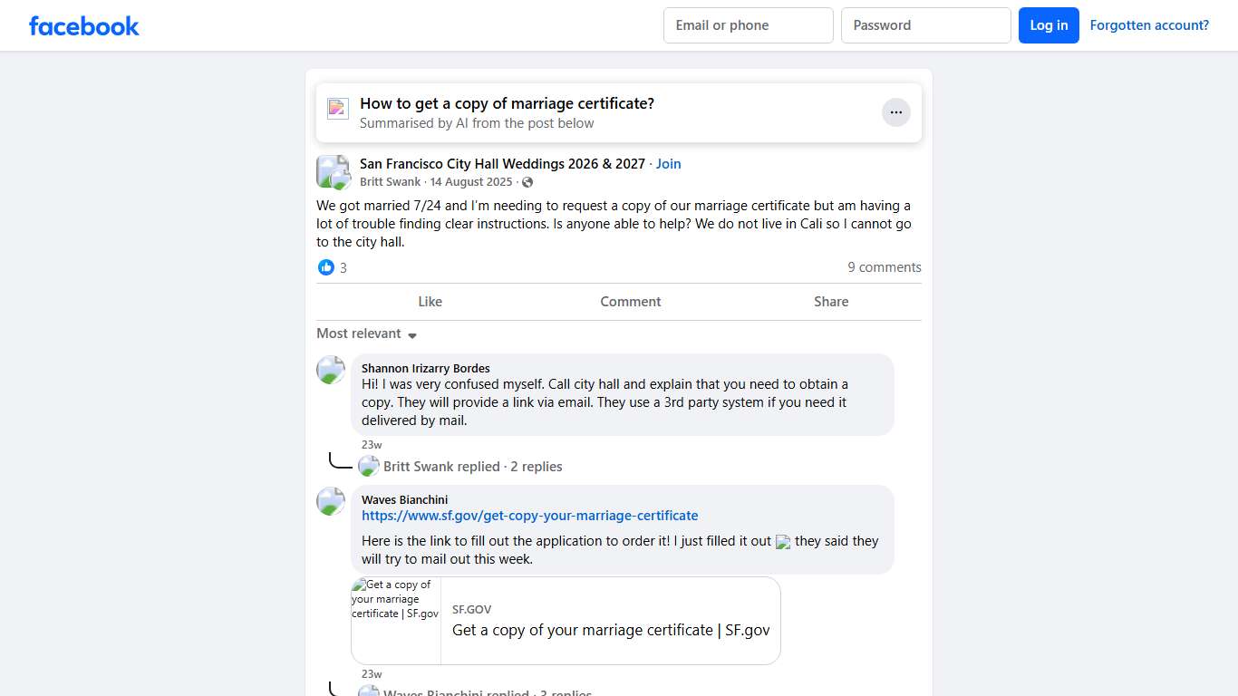 San Francisco City Hall Weddings 2026 & 2027 We got married 7/24 and I’m needing to request a copy of our marriage certificate but am having a lot of trouble finding clear instructions Facebook